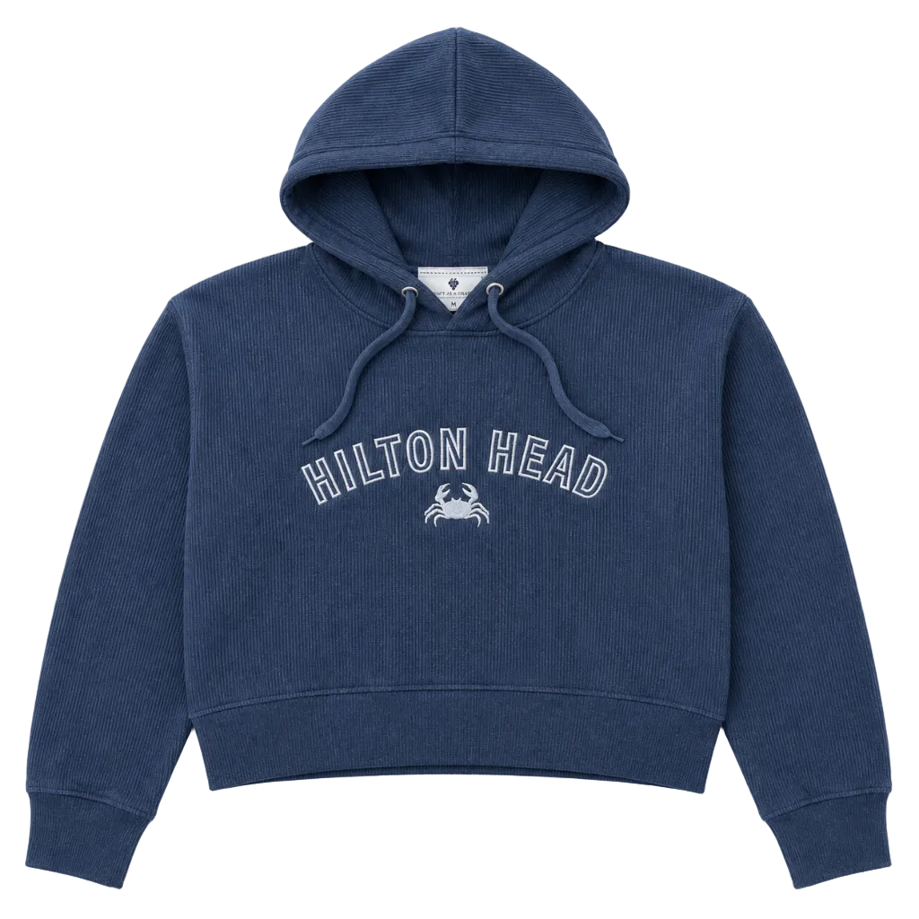 Hilton Head Embroidered Crab Ribbed Crop Hooded Sweatshirt