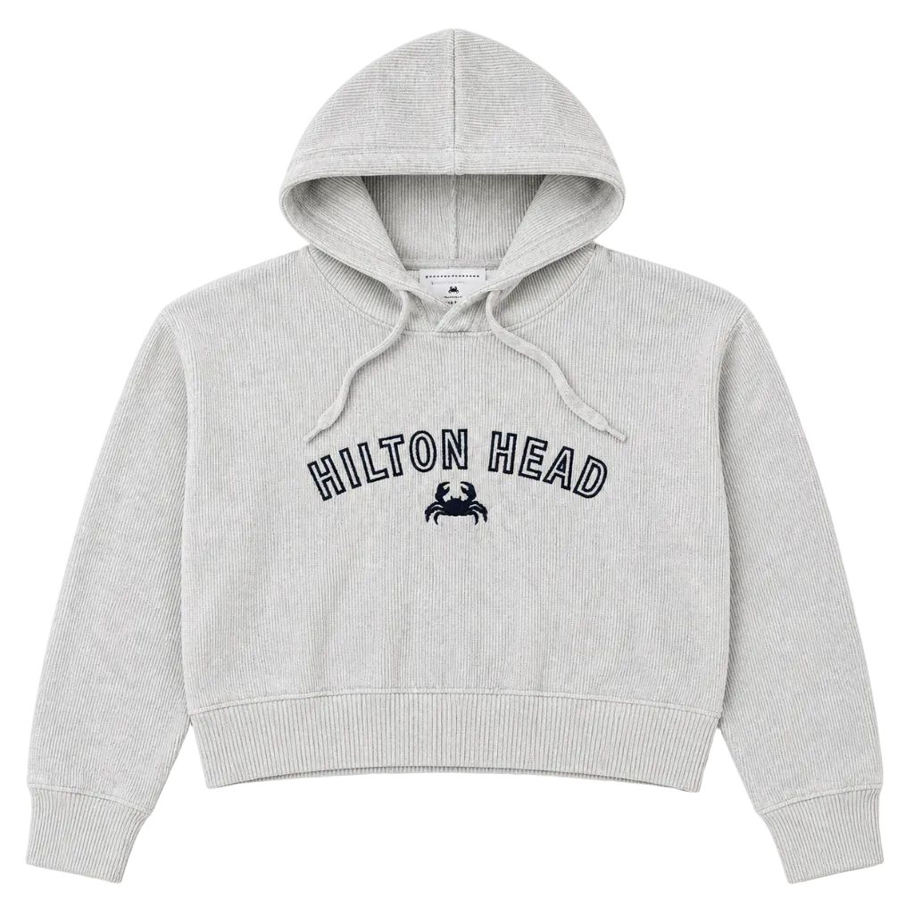 Hilton Head Embroidered Crab Ribbed Crop Hooded Sweatshirt