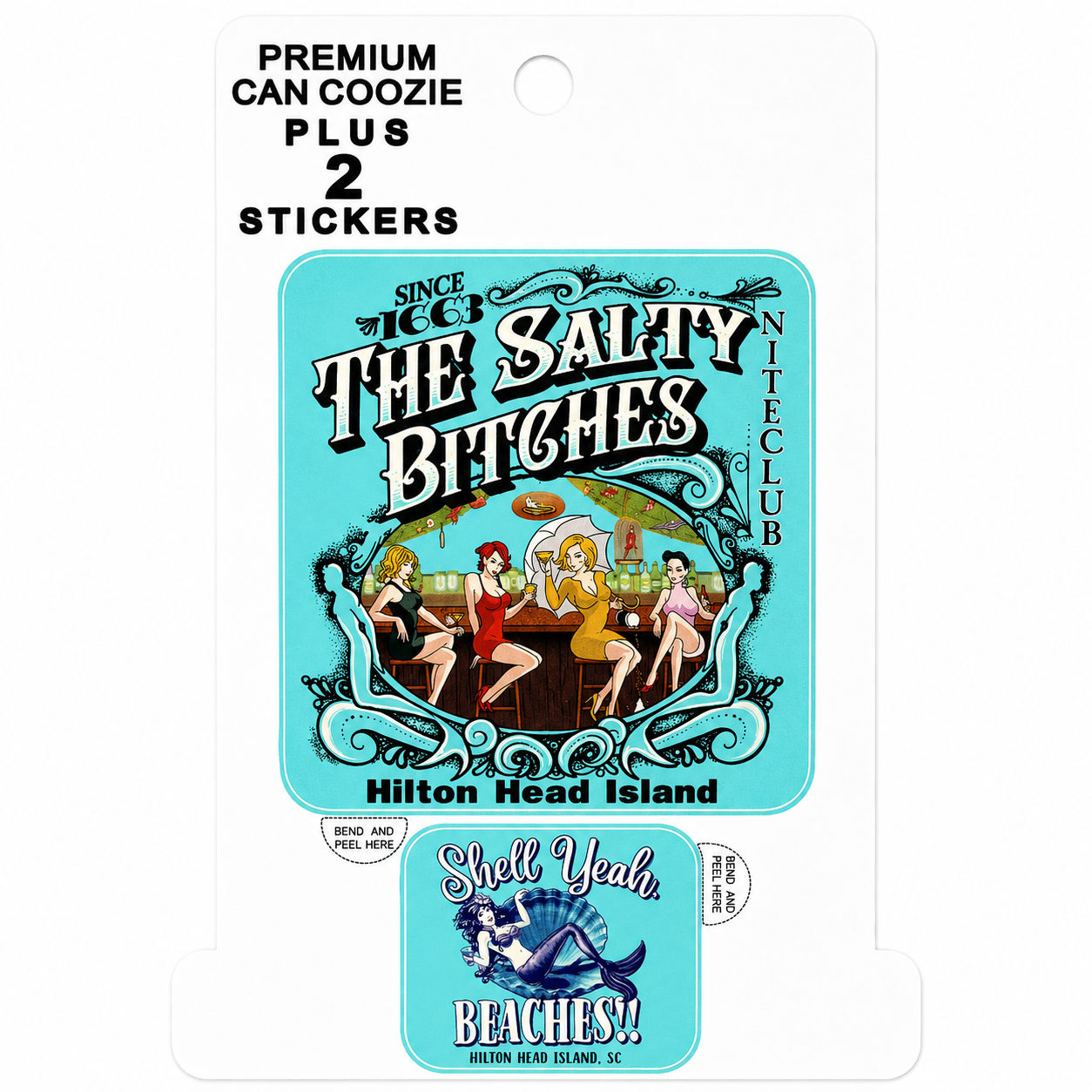 Salty Bs Hilton Head Can Cooler & Sticker Pack